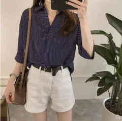 3/4-Sleeve V Neck Striped Shirt