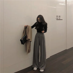 High Waist Plain Loose-Fit Wide-Leg Dress Pants