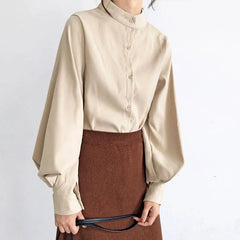 Balloon-Sleeve Long-Sleeve Mandarin-Collar Plain Blouse