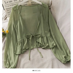 Tie-Waist Balloon-Sleeve Chiffon Cardigan
