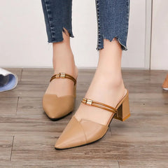 Faux Leather Pointy Block Heel Slingback Pumps
