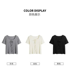Short-Sleeve U-Neck Tie-Accent
Knit Top