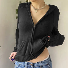 Zip-Up Cropped Knit Hoodie