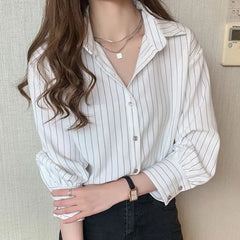 Long-Sleeve Collar Pinstriped Blouse