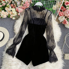 Set: Long Sleeve Mesh Top + Double Breasted Velvet Playsuit