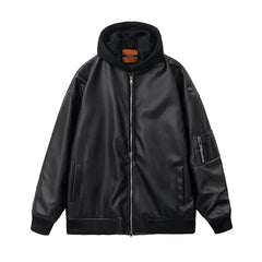 Mock Two-Piece Hooded Faux Leather Zip-Up Jacket
