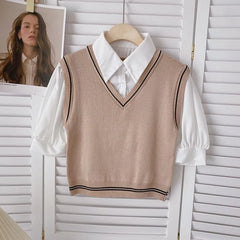 Mock Two-Piece Short-Sleeve Knit Panel Blouse