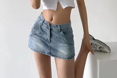 Low-Rise Denim Mini Pencil Skirt
