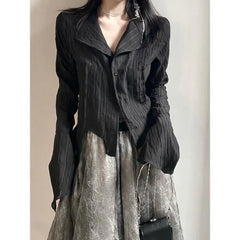 Long-Sleeve V-Neck Plain Asymmetric Hem Ruched Shirt