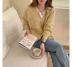V-Neck Plain Pointelle Knit Cardigan