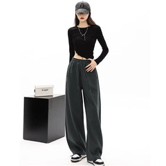 Mid-Waist Drawstring Pocketed Wide-Leg Plain Sweatpants