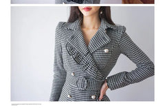 Long-Sleeve Double Breasted Houndstooth Sheath Dress