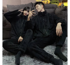 Couple Matching Pajama Set: Plain Fleece Zip Jacket + Pants