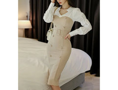 Mock Two-Piece Long-Sleeve Double-Breasted Midi Bodycon Dress