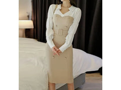 Mock Two-Piece Long-Sleeve Double-Breasted Midi Bodycon Dress