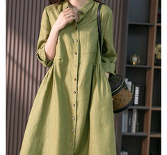 Long-Sleeve Plain Linen Midi A-Line Shirt Dress