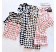 Couple Matching Pajama Set: Short-Sleeve Plaid Top + Pants (Various Designs)