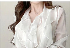 Long-Sleeve Tie-Neck Plain Ruffle Chiffon Blouse