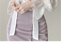 Long-Sleeve Tie-Neck Plain Ruffle Chiffon Blouse