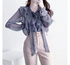 Long-Sleeve Tie-Neck Plain Ruffle Chiffon Blouse