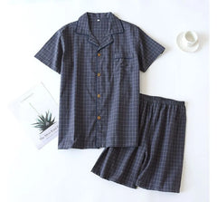 Couple Matching Pajama Set: Short-Sleeve Collared Plaid Top + Elastic Waist Shorts