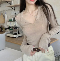 Long-Sleeve V-Neck Collared Plain Knit Top