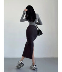 High Waist Plain Slit Pencil Knit Skirt (Various Designs)