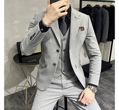 Set: Plain Single-Breasted Blazer + Vest + Straight Leg Dress Pants