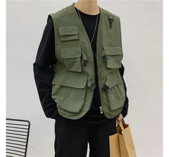 V-Neck Plain Cargo Zip Vest