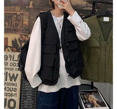 V-Neck Plain Cargo Zip Vest