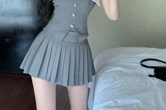 Strapless Two-Tone Buttoned Tube Top / High Waist Pleated Mini A-Line Skirt / Double-Breasted Chained Crop Blazer / Set