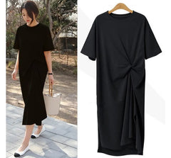 Short-Sleeve Crew Neck Plain Twist Midi T-Shirt Dress