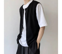 Sleeveless Crew Neck Plain Button Top