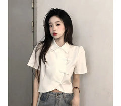 Short-Sleeve Collared Plain Blouse