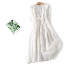 Elbow-Sleeve Crew Neck Plain Midi A-Line Dress