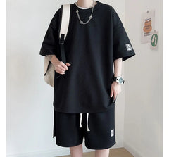 Set: Elbow-Sleeve Crew Neck Waffle T-Shirt + Sweatshorts