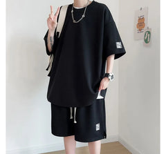 Set: Elbow-Sleeve Crew Neck Waffle T-Shirt + Sweatshorts