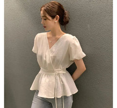 Puff-Sleeve V-Neck Plain Peplum Blouse