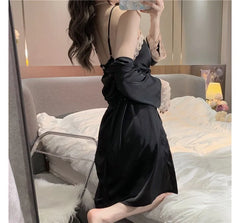 Spaghetti Strap Ruffle Drawstring Nightdress / Tie Front Robe
