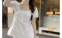 Short-Sleeve Square Neck Plain Lace Trim Peplum Blouse