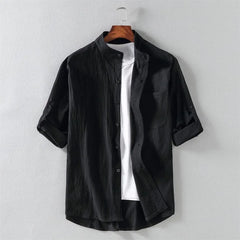 Elbow-Sleeve Stand Collar Linen Plain Shirt