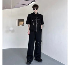 Set: Short-Sleeve Collared Plain Buckled Grommet Zip Jacket + Drawstring Waist Wide Leg Pants