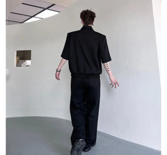 Set: Short-Sleeve Collared Plain Buckled Grommet Zip Jacket + Drawstring Waist Wide Leg Pants