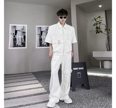Set: Short-Sleeve Collared Plain Buckled Grommet Zip Jacket + Drawstring Waist Wide Leg Pants