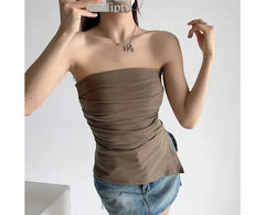 Plain Ruched Slit Tube Top