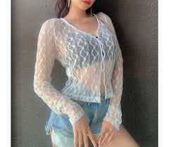Long Sleeve V-Neck Lace See-Through Crop Light Cardigan