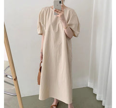 Short-Sleeve Round Neck Plain Midi A-Line Dress
