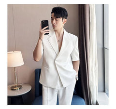 Set: Short-Sleeve Lapel Collar Button Blazer + Mid Rise Plain Dress Pants