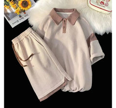 Set: Short-Sleeve Two Tone Panel Polo Shirt + Drawstring Waist Sweat Shorts