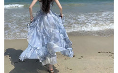 Spaghetti Strap Tie Dye Ruffle Maxi A-Line Dress